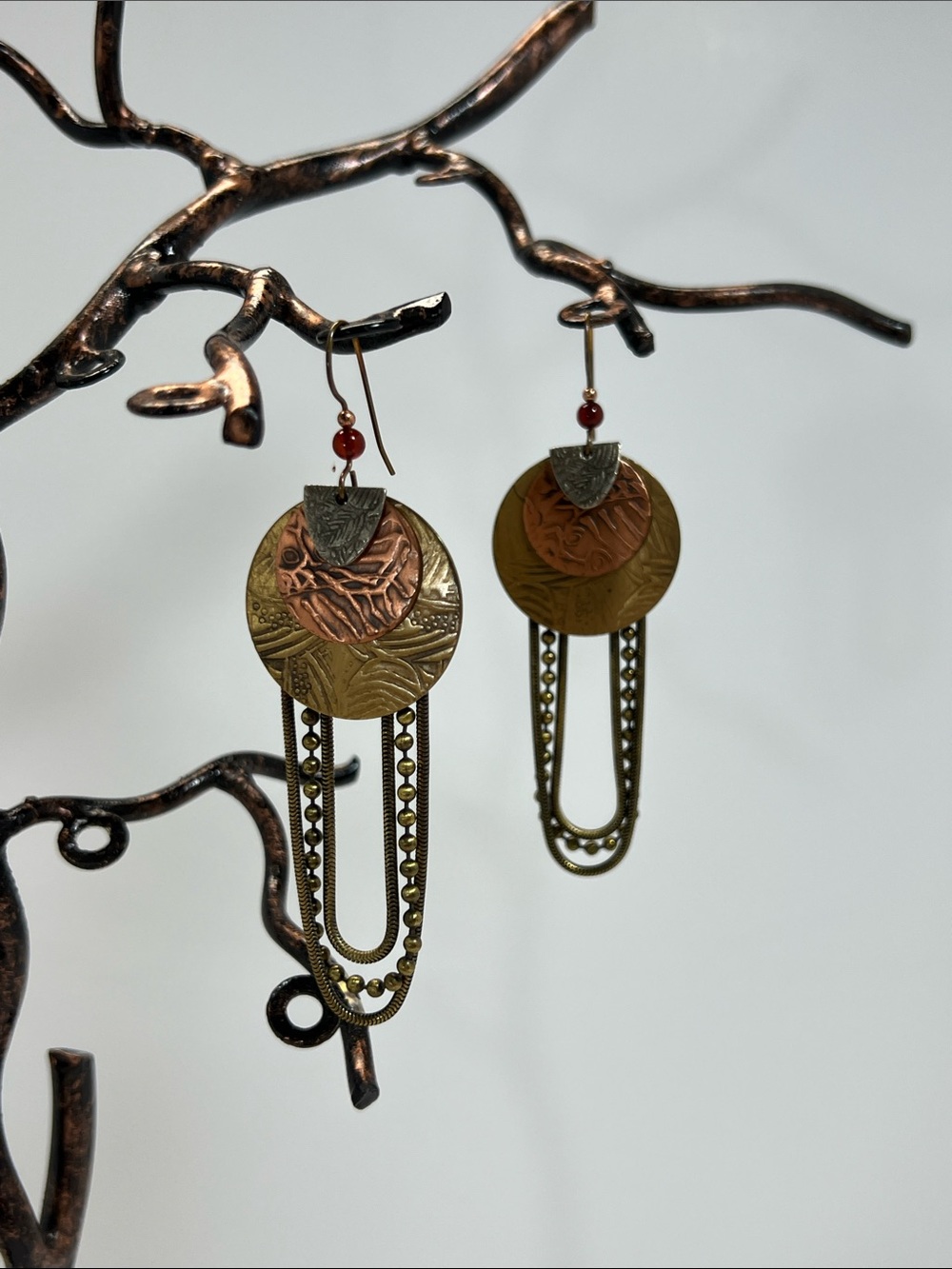 Handcrafted Artisan Mixed-Metal Disc & Chain Drop Earrings - Gold and Copper
